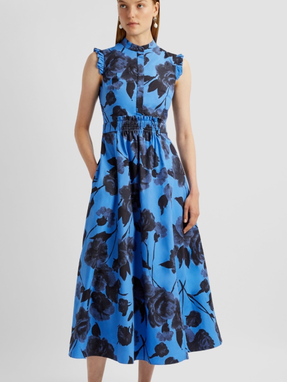 ERDEM Blue Floral Print Cotton Poplin Midi Dress
